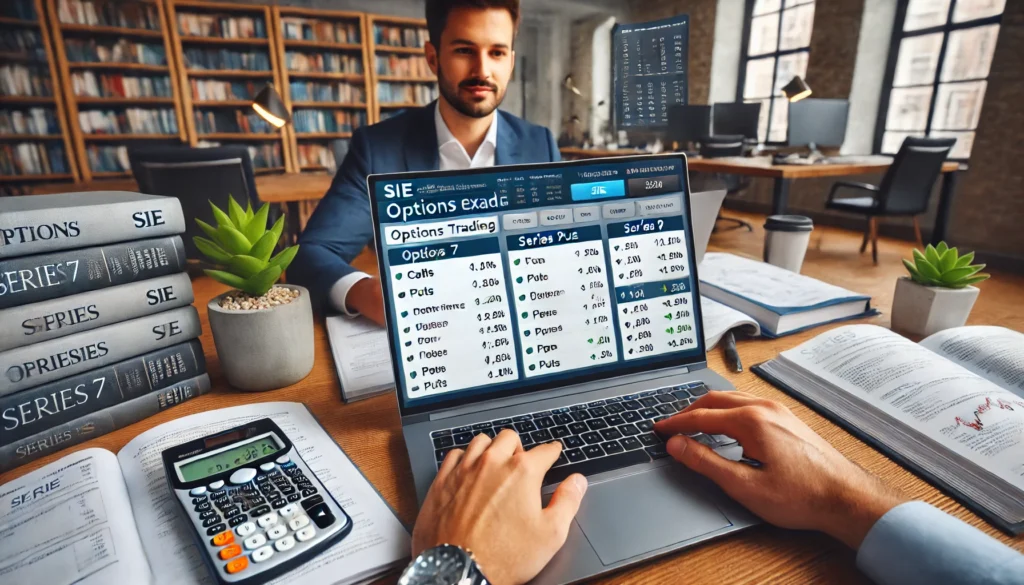 A professional finance exam study setting featuring a laptop displaying an online options trading quiz. The screen shows multiple-choice questions related to calls and puts, with a calculator and notes on a desk. A confident student is reviewing answers, preparing for the SIE, Series 7, and Series 9 exams. The background includes books on financial markets and exam preparation materials in a modern office setting.